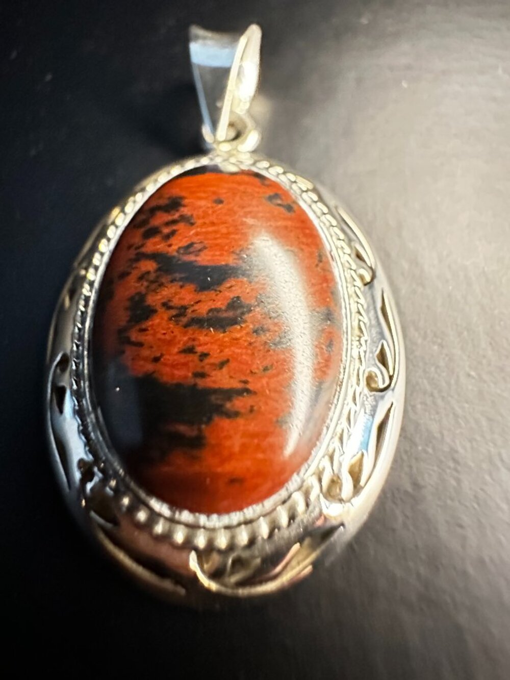 925 Mexico Sterling Silver Orange Jasper Pendant – 17g Ornate Vintage Statement